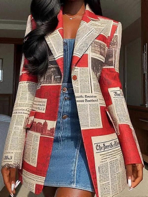Women's All Over Newspaper Print Button Front Blazer Elegant