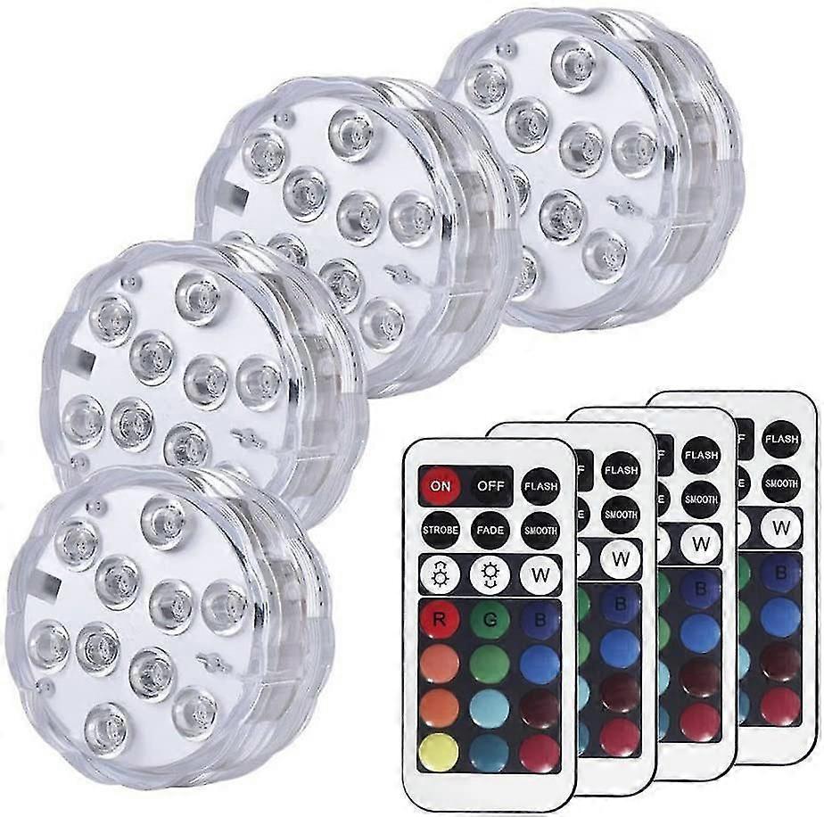 Submersible Led Lights, Ip68 Waterproof Multi Color Battery Operated Remote Control Wireless 10-led Lights4pcs