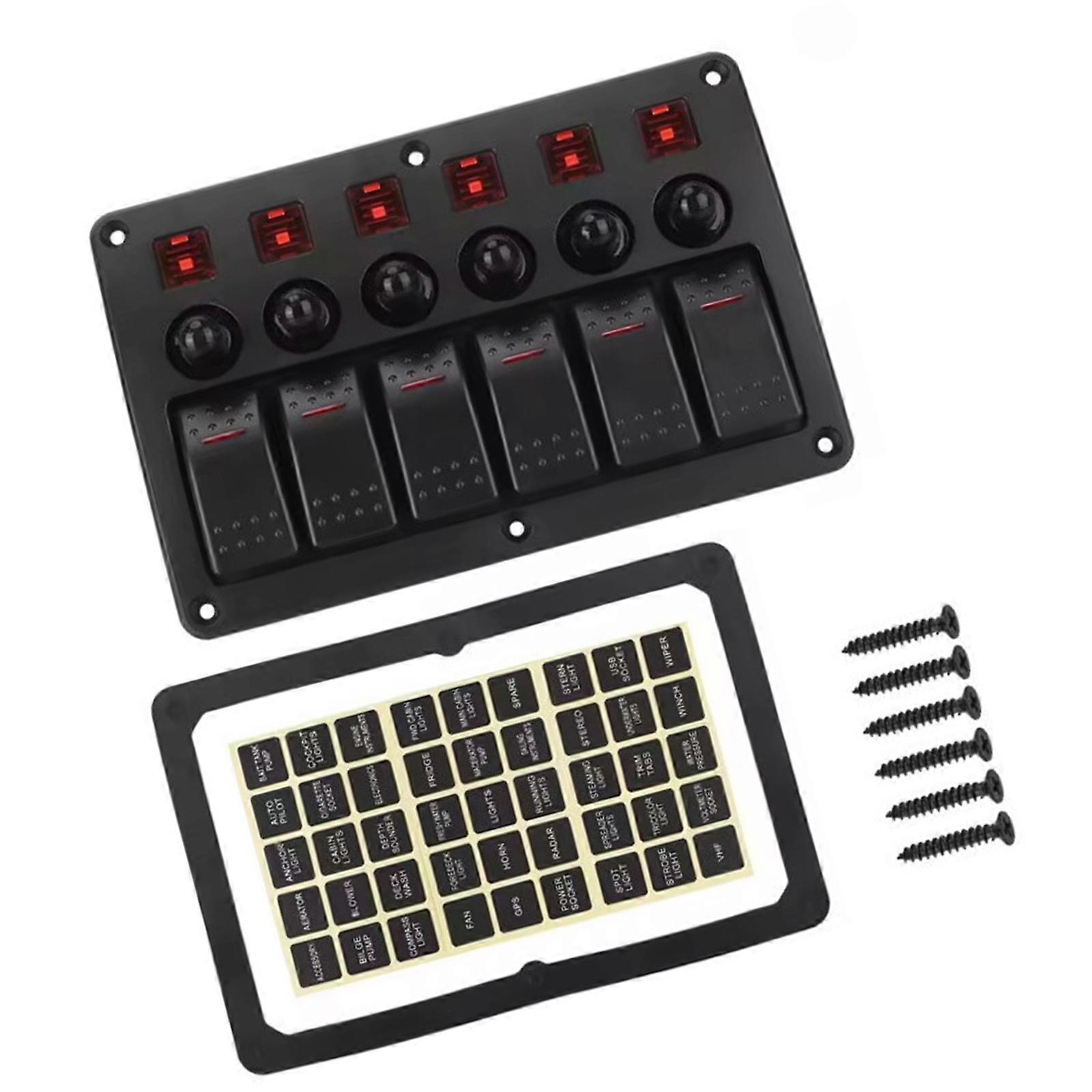LED-beleuchtetes 6-fach-Wippschalterpanel mit Überlastschutz für Auto, Boot, UTV (12V/24V) – Rot