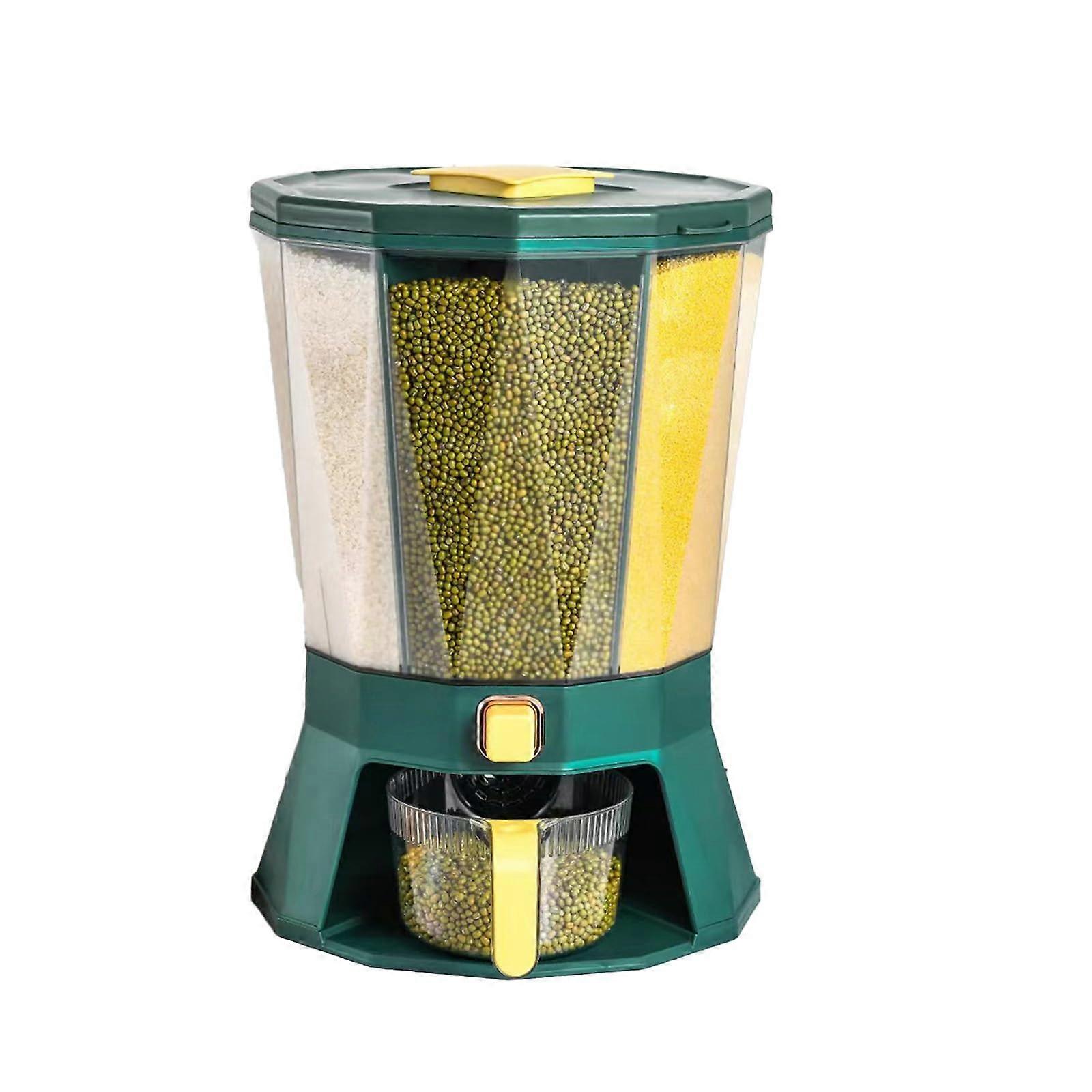 Transparent Airtight Rotating Grain Storage Bin with Large Capacity for Kitchen (Green, 28.5x28.5x39.8cm)