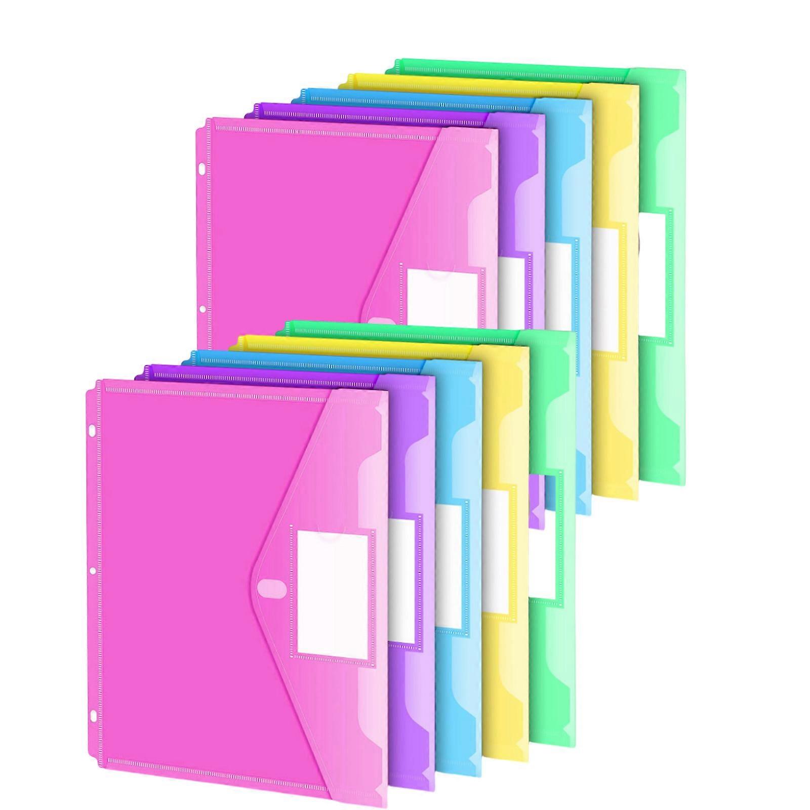 5/10Pcs 3 Holes Punched Pocket Letter Size File Sleeve Water Resistant Document Bag with Clear Label Window for Office Multicolor