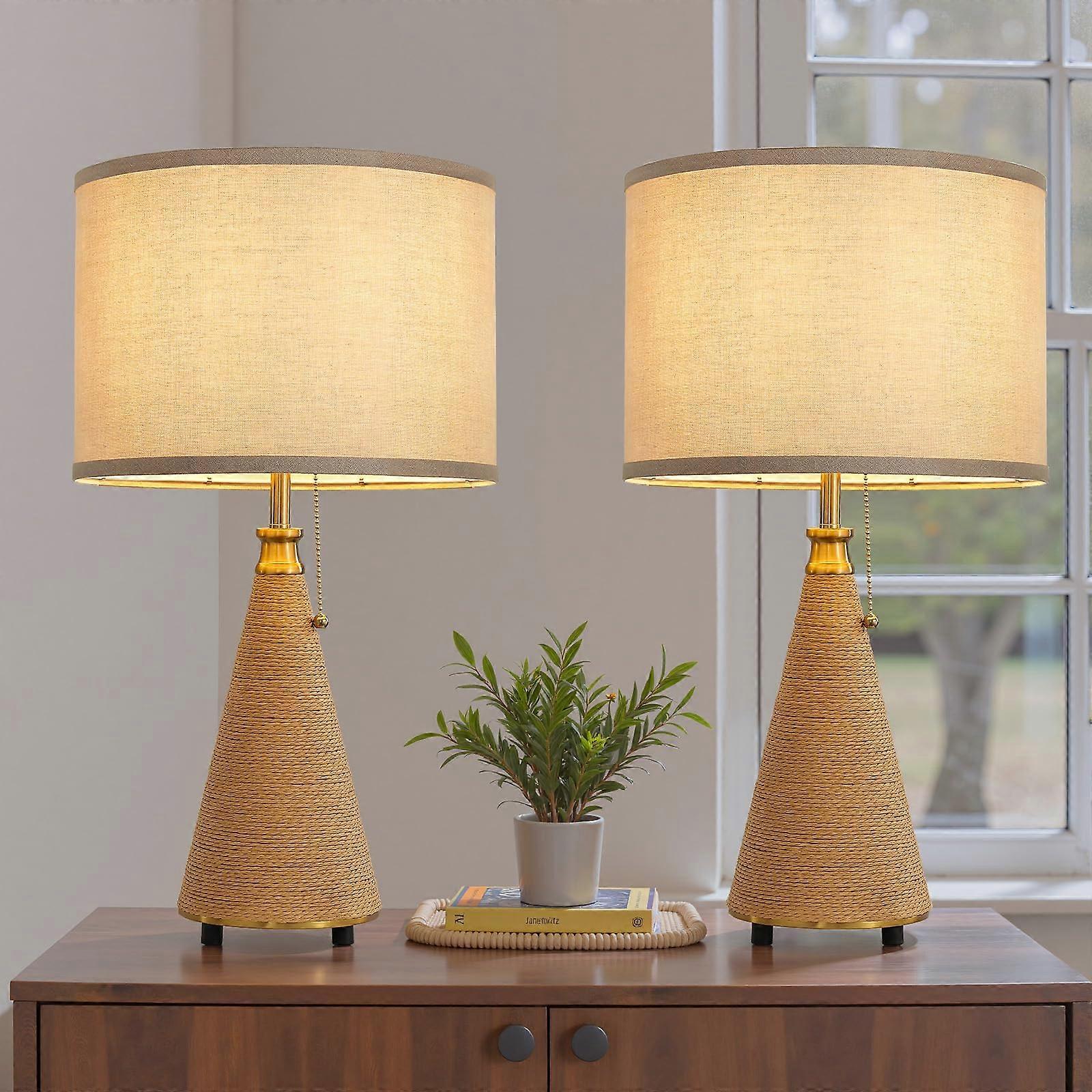 Boho Table Lamp Set of 2, Handwoven Rattan Shade with Rustic Vase Style Base, E26 Bulb, Beige