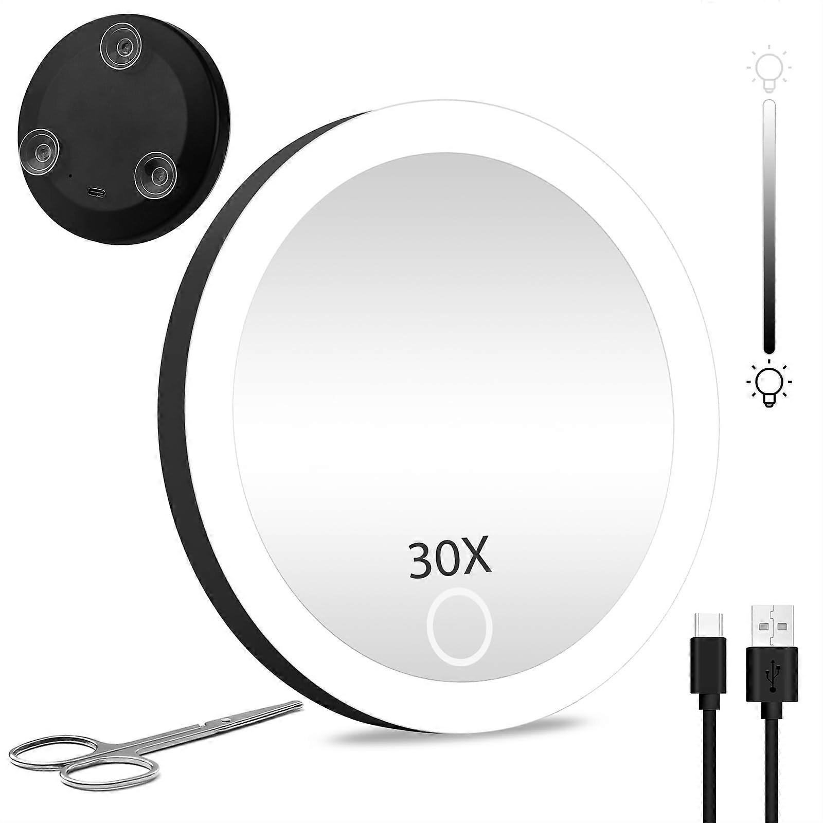 30X Lighted Magnifying Mirror with Rechargeable LED, 3 Color Dimmable Travel Makeup Mirror with Suction Cups, 4 Inch Black