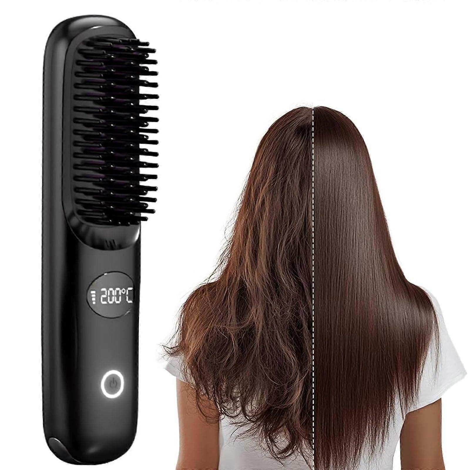 Cordless Hair Straightener Brush with Fast USB Charging, 3 Heat Modes and LED Display for Travel
