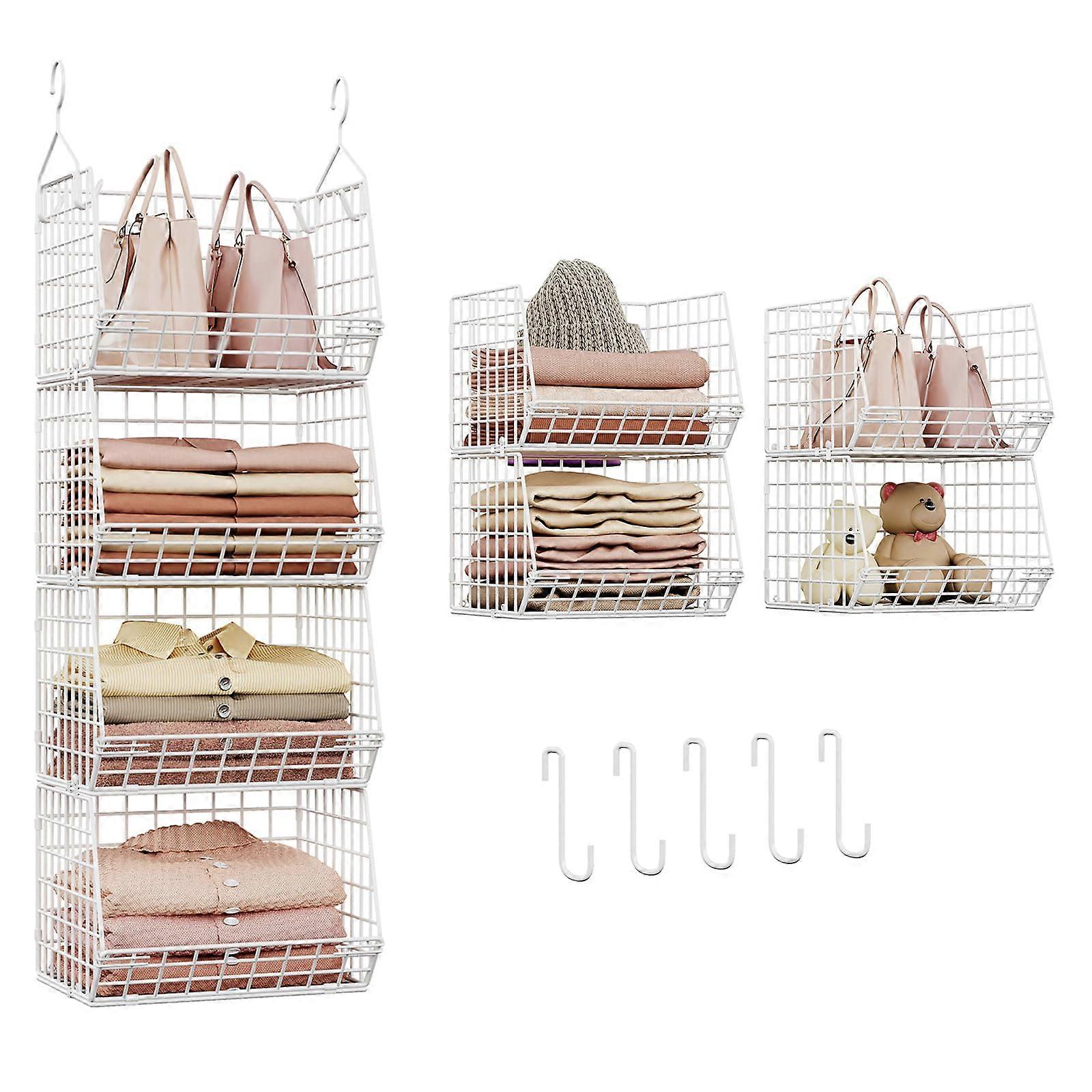 4 Tier Closet Hanging Organizer with Hooks, Foldable Wire Storage Baskets for Clothes and Shoes