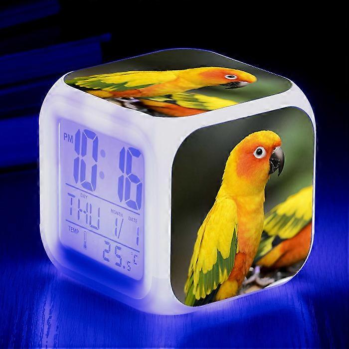 Cute parrot creative square seven-color changing alarm clock multi-functional electronic clock LED silent children's alarm clock