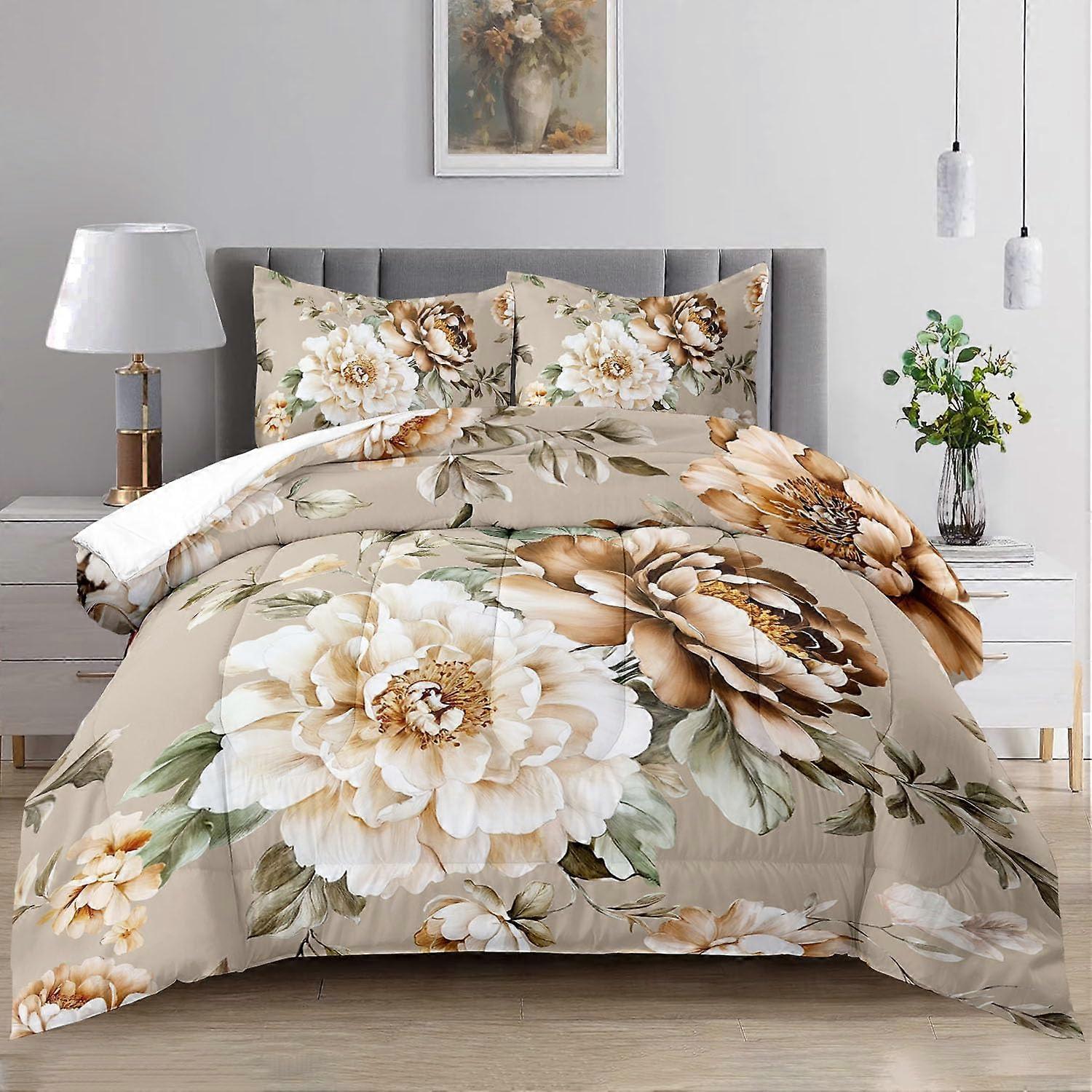 King Size Floral Comforter Set with Pillowcases, Elegant Botanical Print, Soft Microfiber