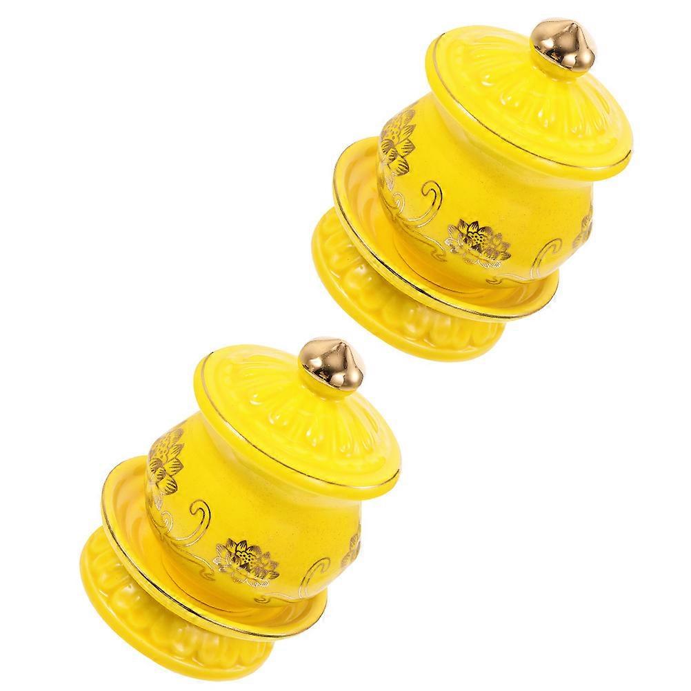Yellow Holy Water Cup Ceramic Offering Cup for Temple Use 2Pcs