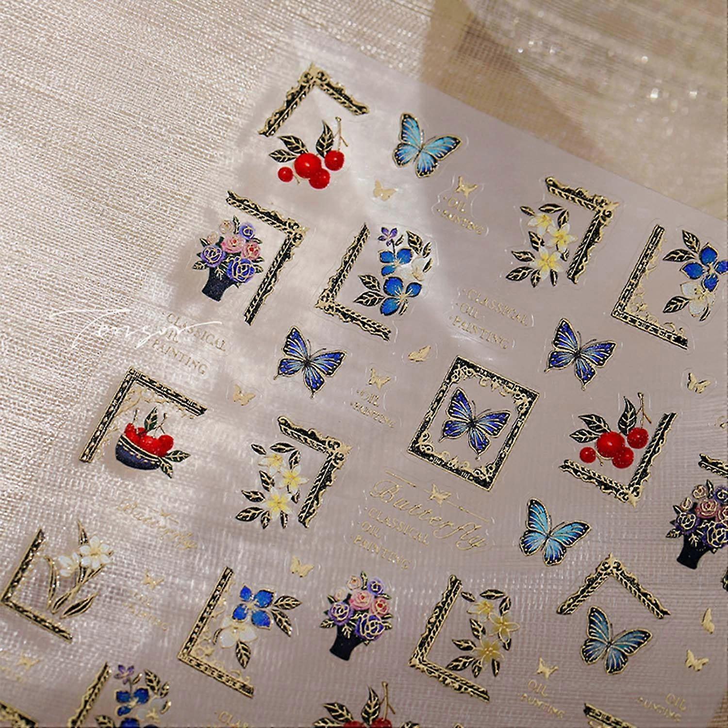 3D Butterfly Nail Art Stickers with Blue Gradient and Floral Frames, Easy SelfAdhesive Decals