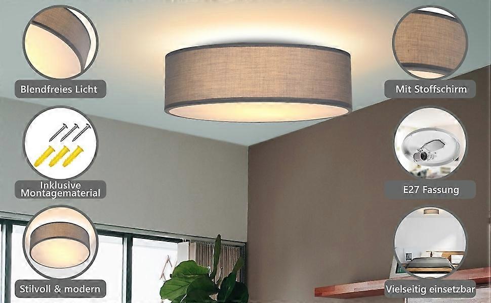 Ceiling Lamp Fabric 30 cm Grey, E27 Socket, 40W Max