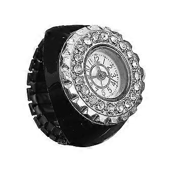 Reloj de pulsera con anillo de aleación de zinc negro, tendencia de moda para mujer, con diamantes decorativos.