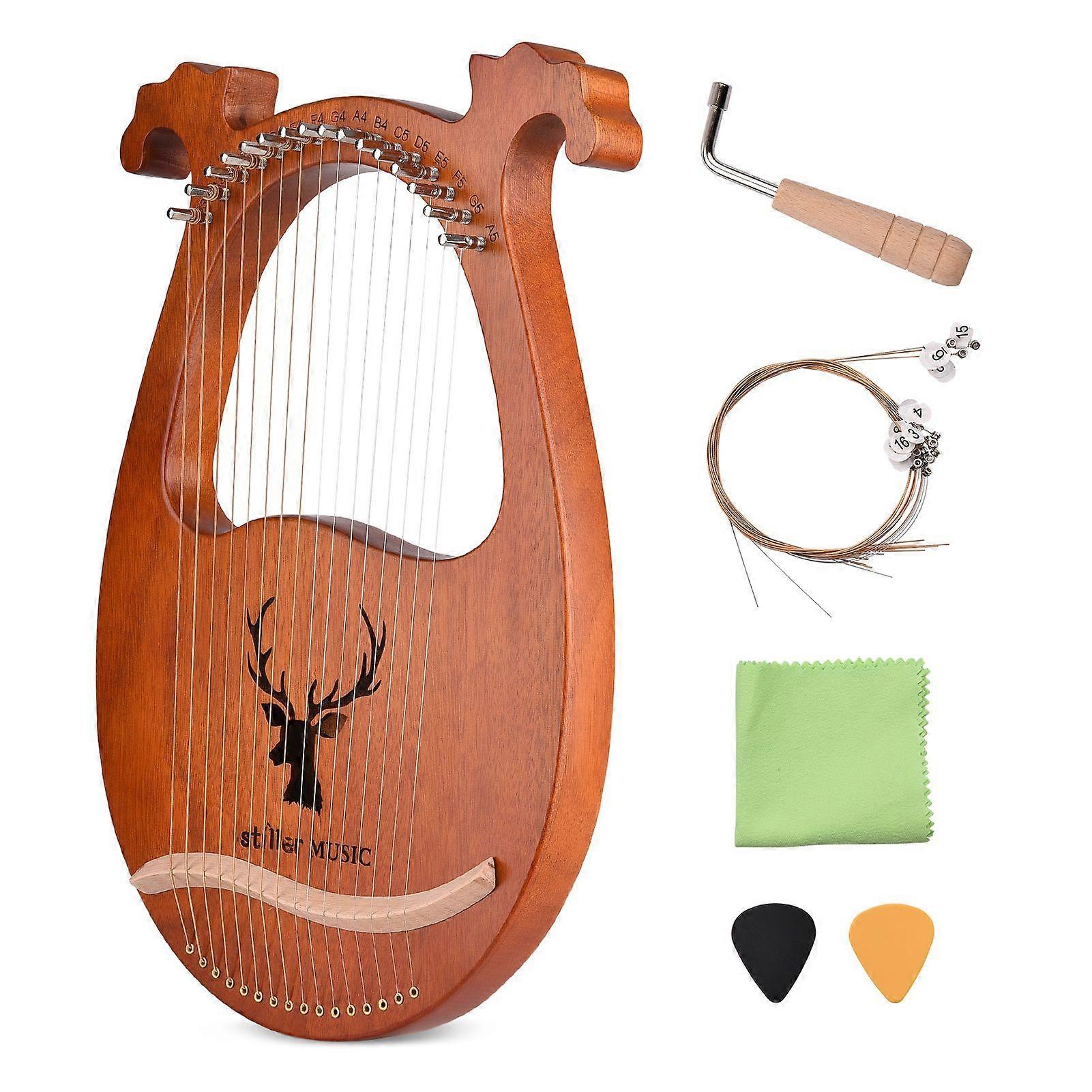 16 String Lyre Harp Elk Pattern Solid Wood String Instrument with Tuning Hammer Strings Cleaning Cloth Picks for Beginners