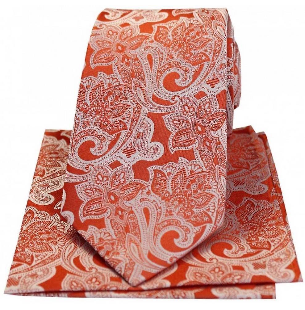 David Van Hagen Edwardian Floral Silk Tie and Hanky Set - Orange