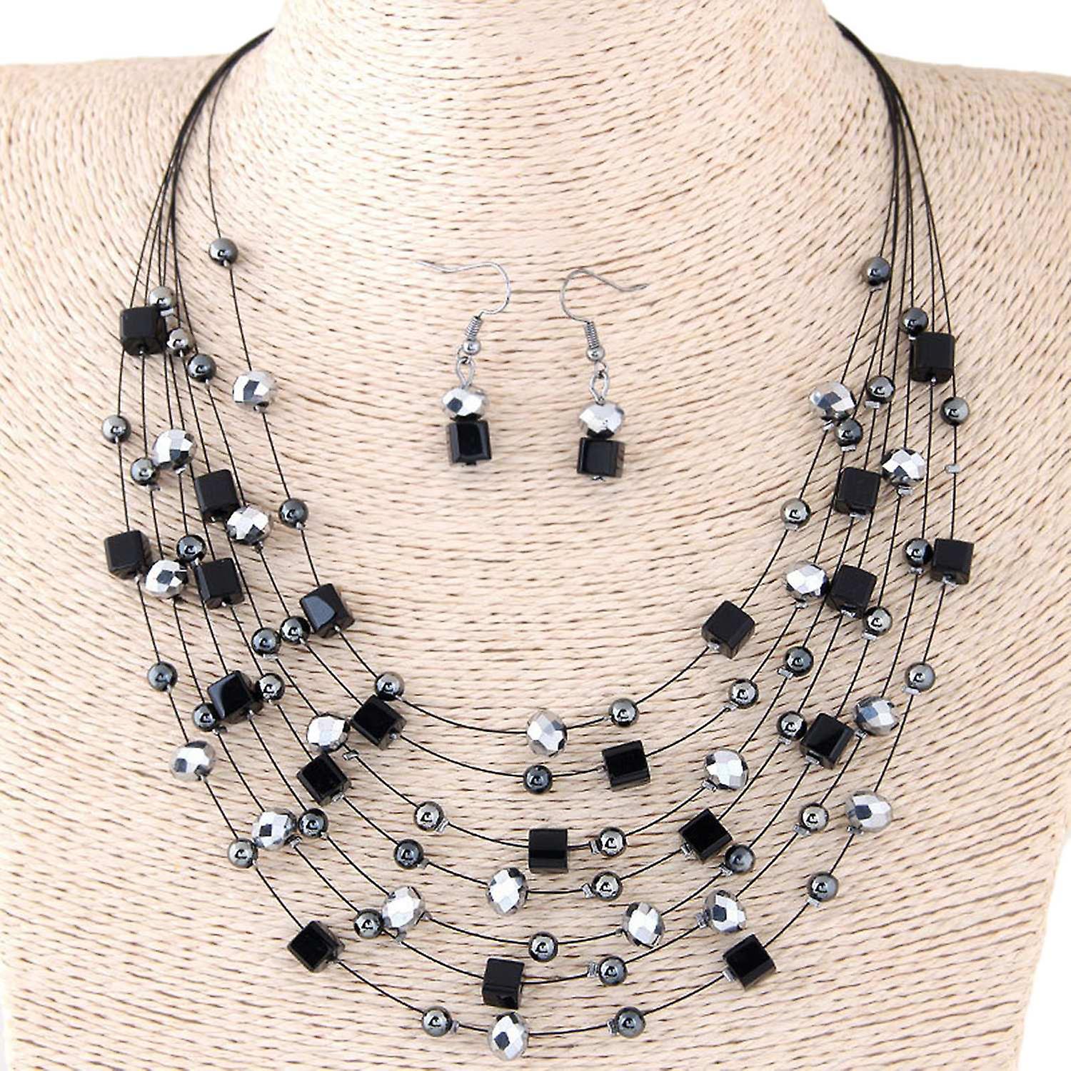 2Pcs/Set Exaggerated Bohemian Ethnic Style Necklace Earring Set Artificial Crystal Beaded Multi-laye