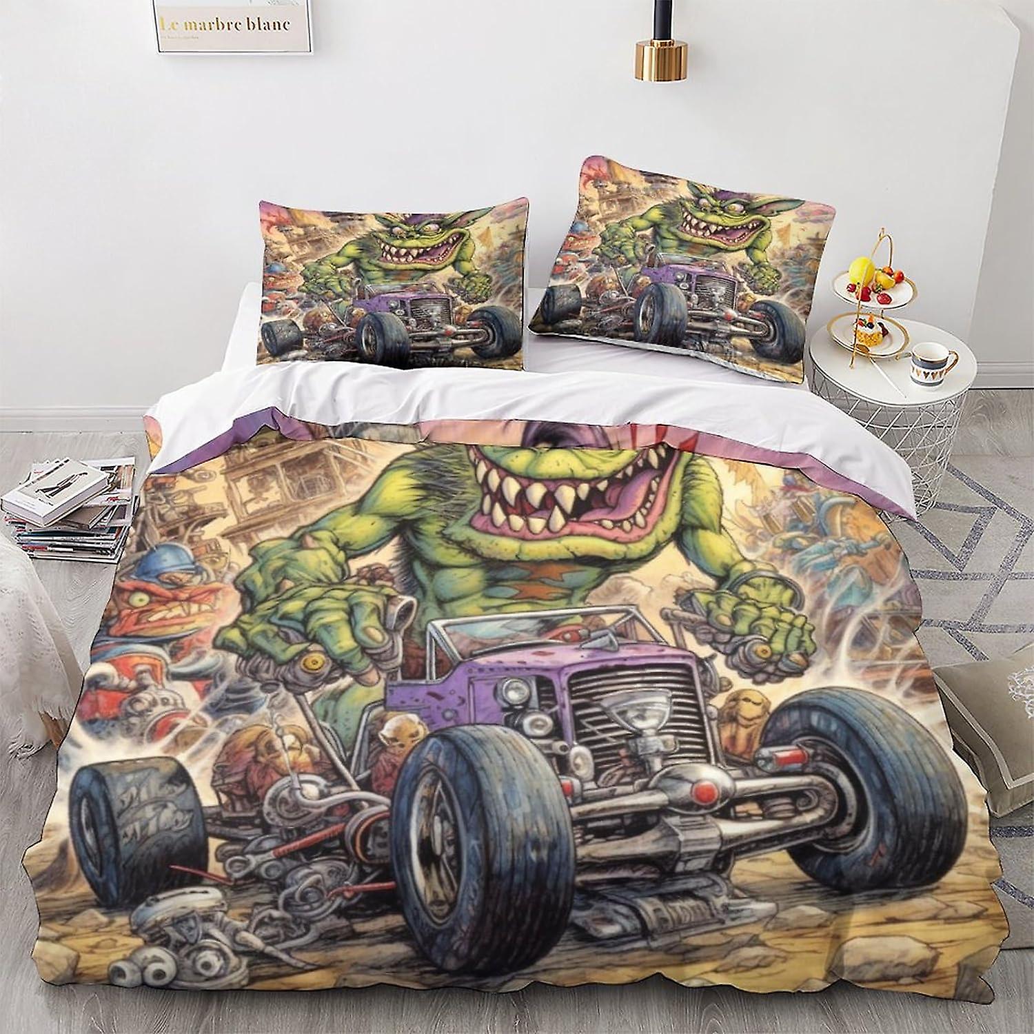 LikeEj Monsters Poszwa na kołdrę Cartoon Zestaw pościeli 3D zabytkowy samochód Miękka kołdra Poszwa na kołdrę Mikrofibra 3-częściowy zestaw pościeli Wystrój pokoju Pokój Dwuosobowy