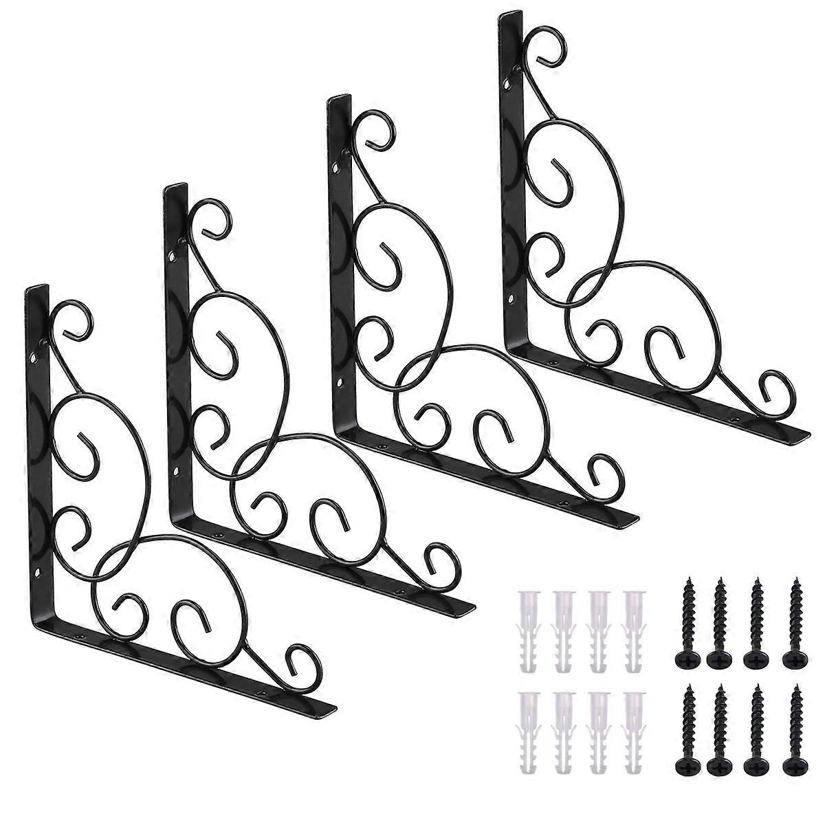 WINOMO 4pcs Wall Mounted Floral Style Shelf Brackets for Bookrack / Calpboard / Set Box (Black)