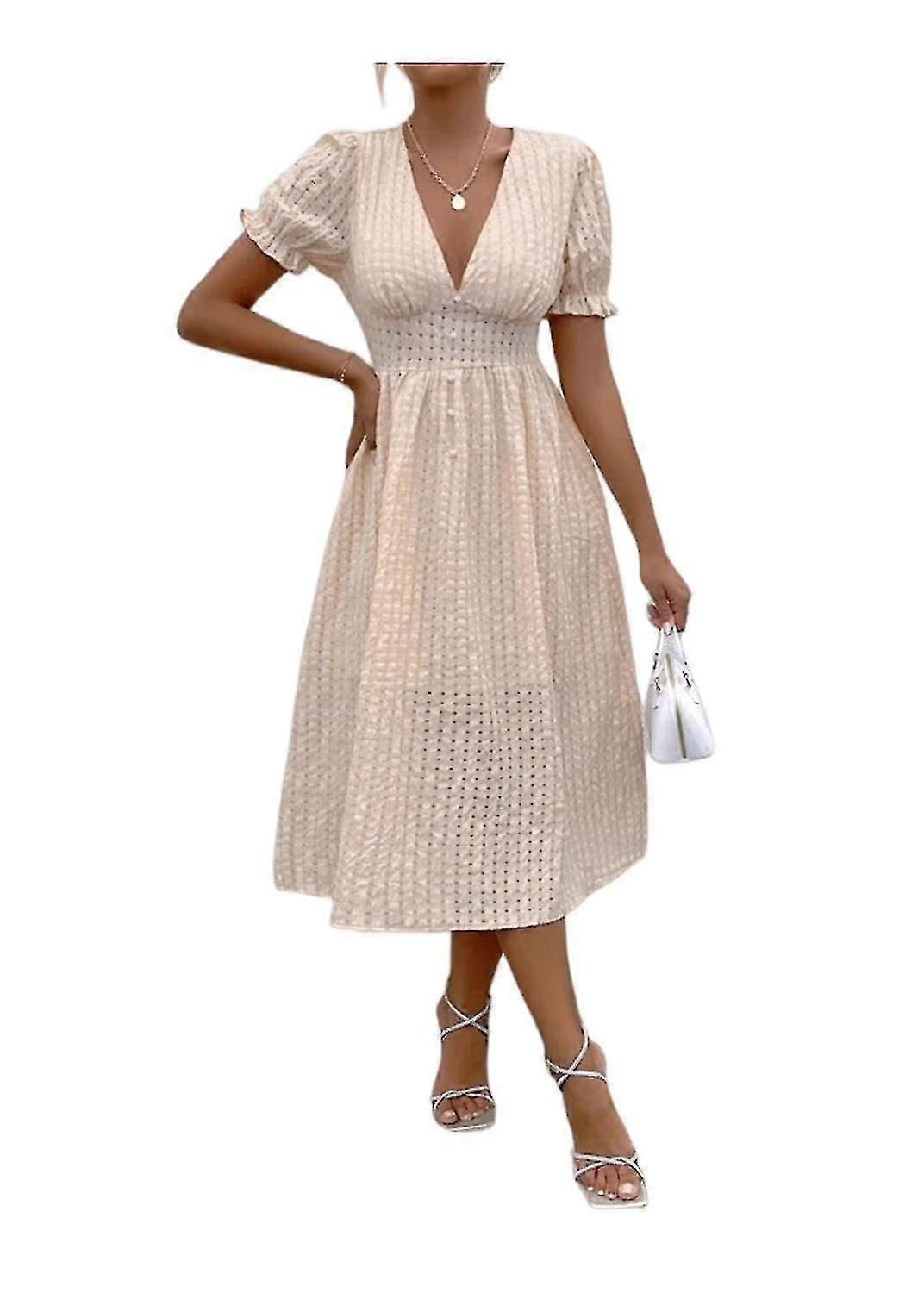 Plaid Pattern Ruffle Button Front A-line Dress Beige1