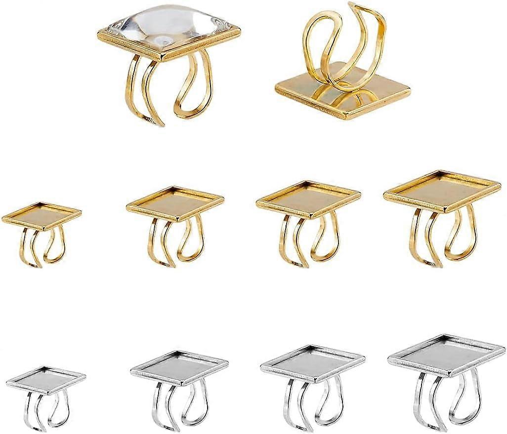4 Sizes DIY Ring Settings 2 Colors Cuff Pad Ring Settings 8Pcs 10/16/18/20mm Square Blank Bezel Cabochon Settings with 8Pcs Glass Cabochons 1/4 Blank