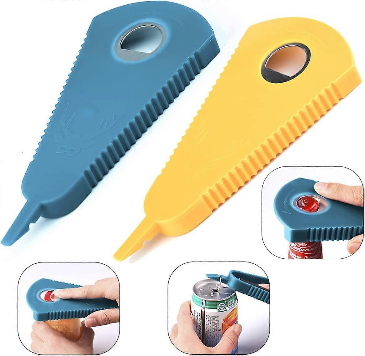 2 Pieces Manual Can Opener, 3 in 1 PVC Portable Multifunction Can Opener, Beer Bottle Opener, Can Opener, Kitchen Tool - Blue and Yellow