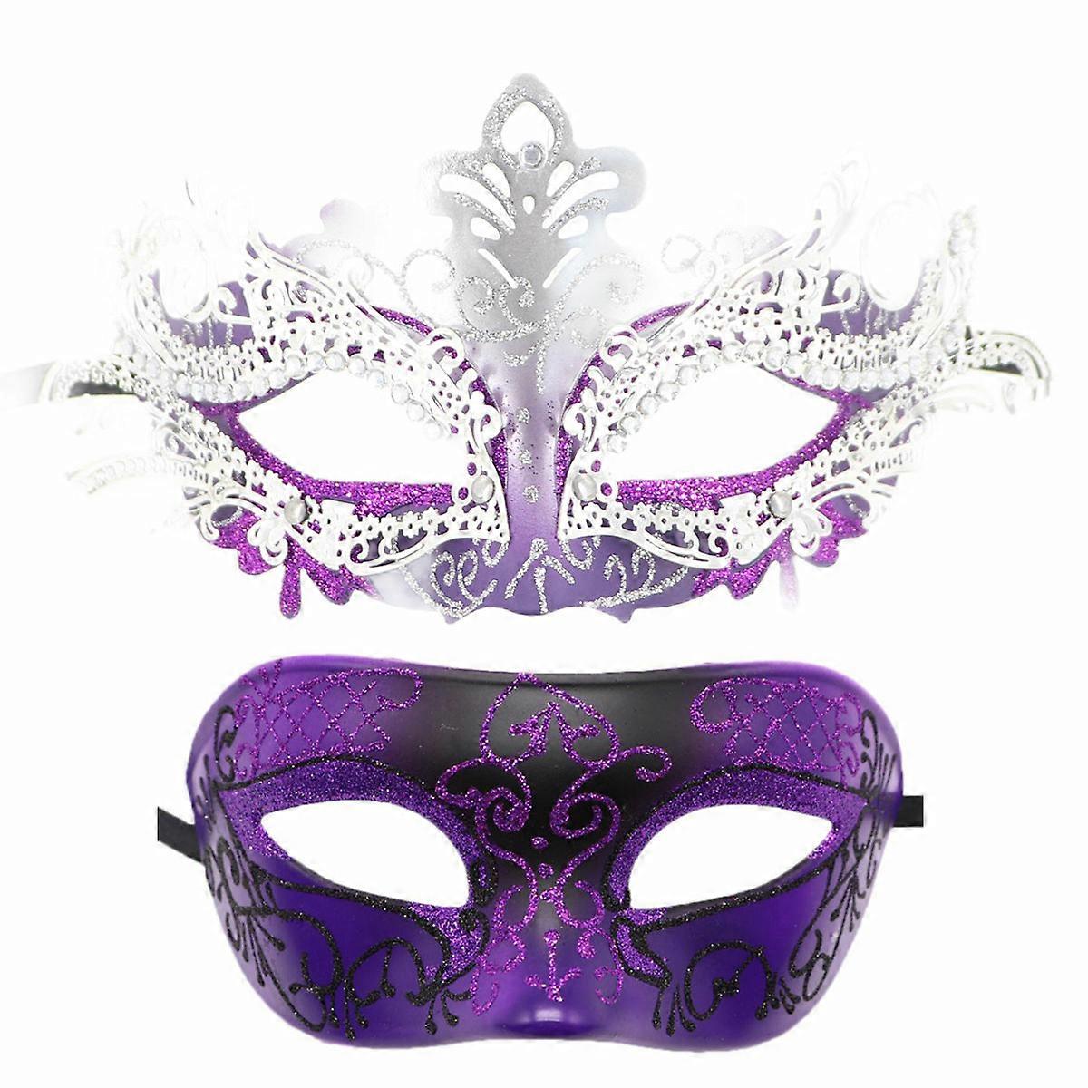 זוג מסכת נשף מסכות מתכת ברזל מסכת כדור פרפר (סגול כסף) 2 חלקים