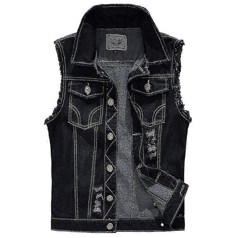 Mens Denim Vest Lapel Slim Fit Retro Ripped Casual Jean Waistcoat - Main Image