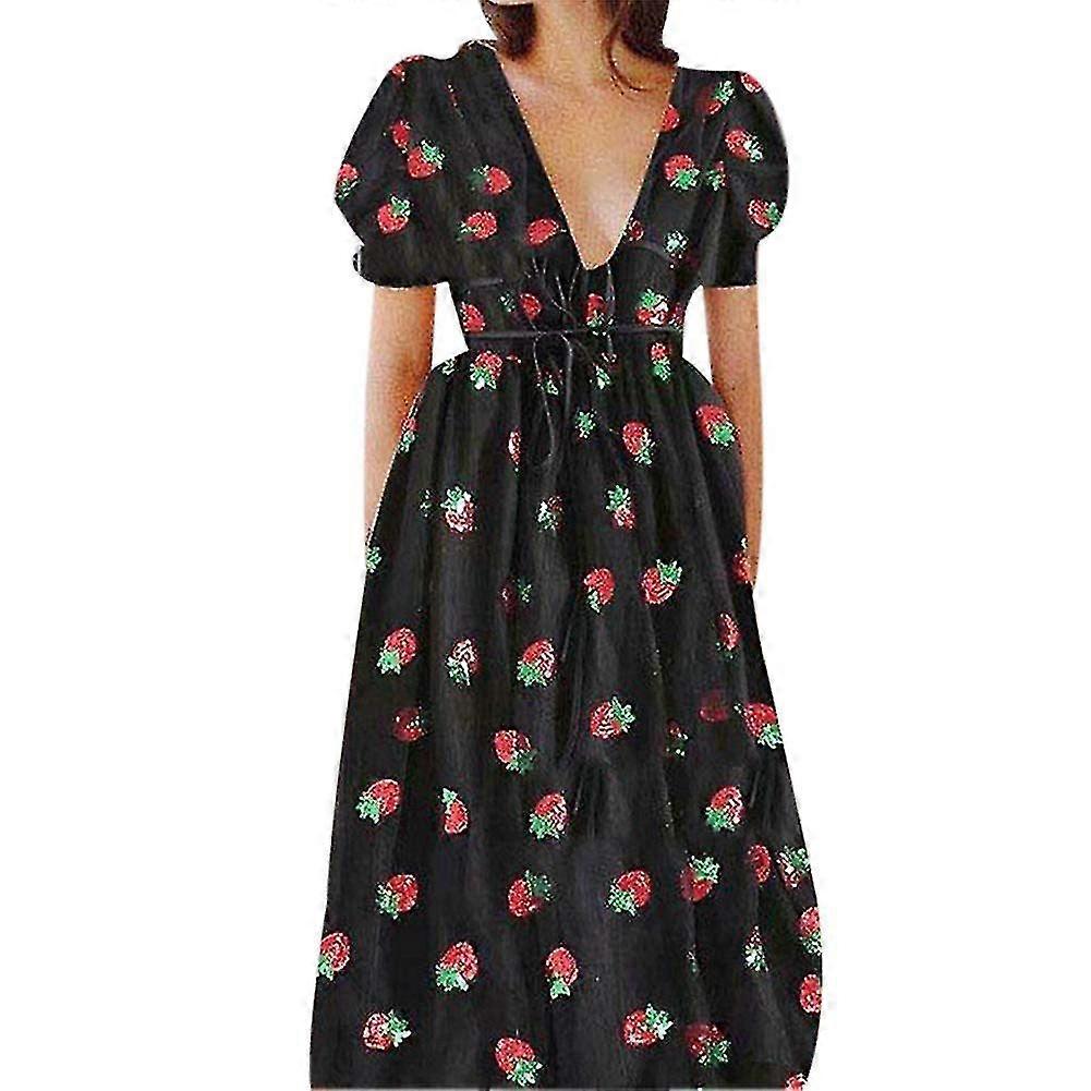 Dámská móda Strawberry Print Deep V Short Sleeve Mesh Cocktail Party Šaty