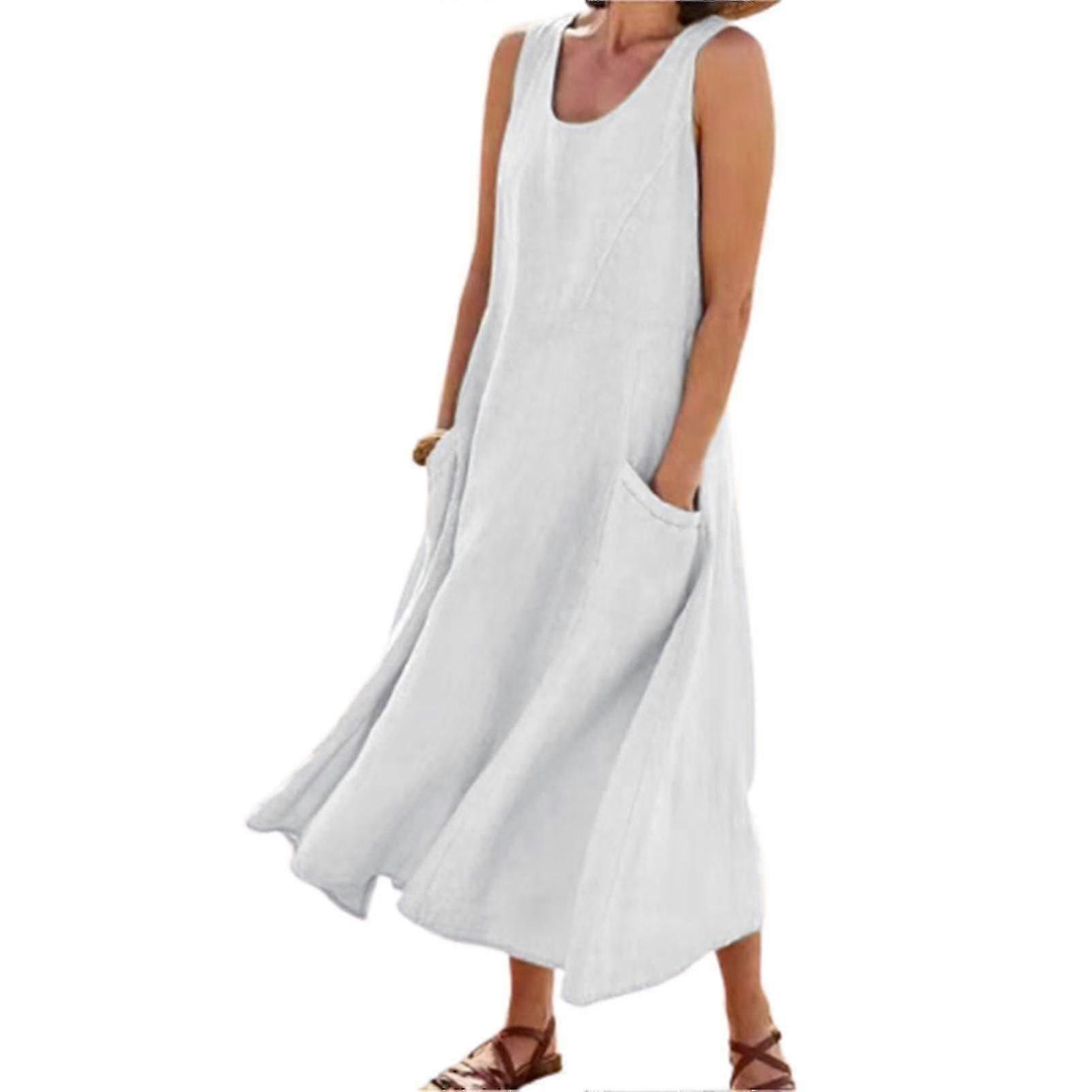 Vestido de linho de algodão sem mangas feminino com bolsos Boho Style Beach Tank Vestido