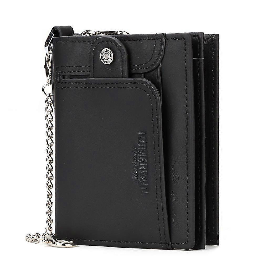 ZK-Men's Leather Wallet RFID Lock Small Bi-Fold Wallet with Chain Hinge Coin Purse Men 14 Credit Card Holder Mini Wallet with Gift Box (Black)