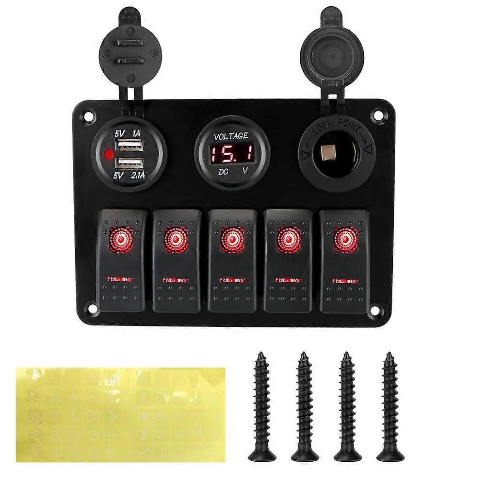 12/24V Outlet Combination 5 Gang LED Rocker Switch Panel Digital Voltage Waterproof Dual USB Slot Socket With Fuse