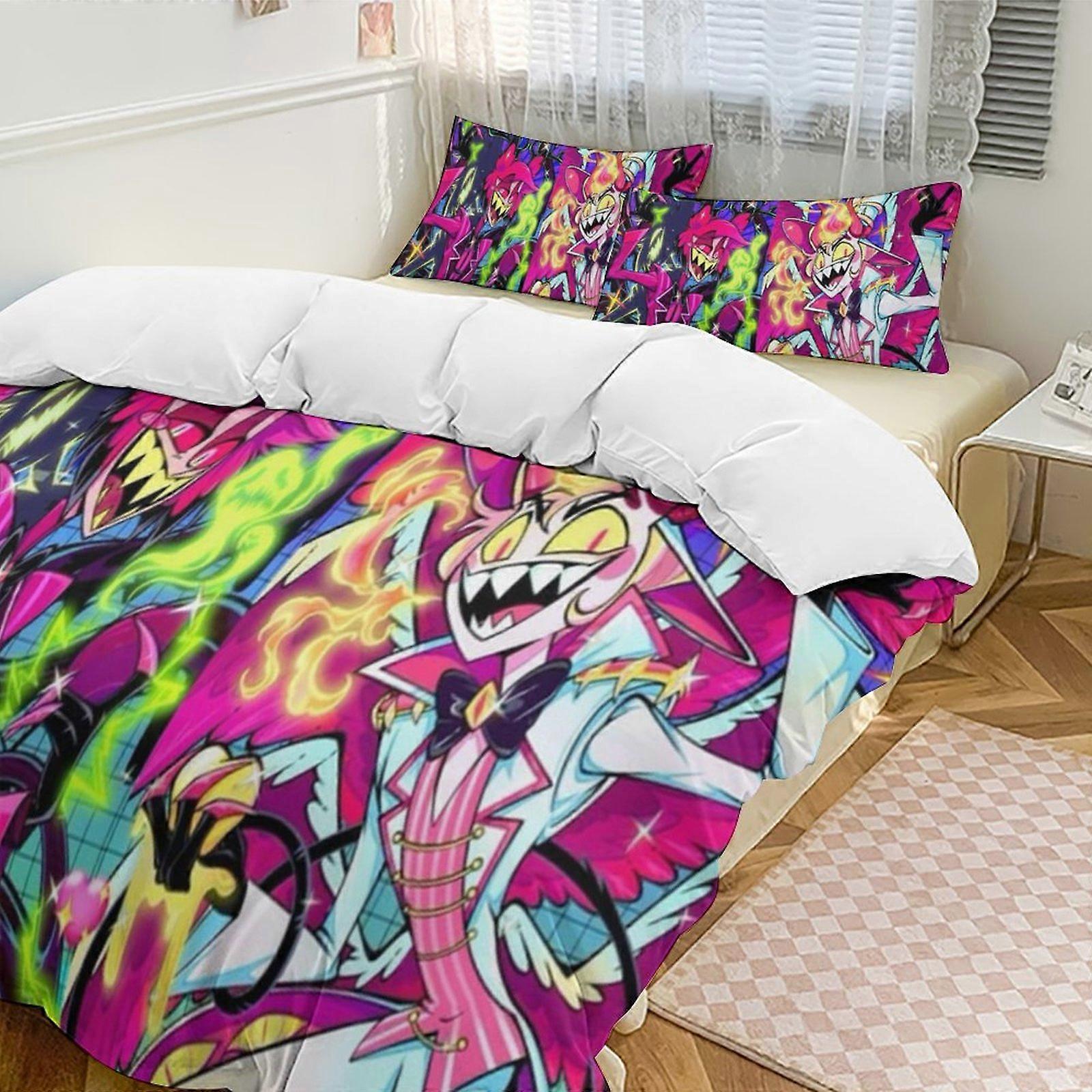 v237 Hazbin Hotel 2 Cama Capa de Edredom Conjuntos de Cama de Microfibra Conjuntos de Edredom Leve de 3 Peças, 1 Capa de Edredom e 2 Fronhas para Crianças aa237