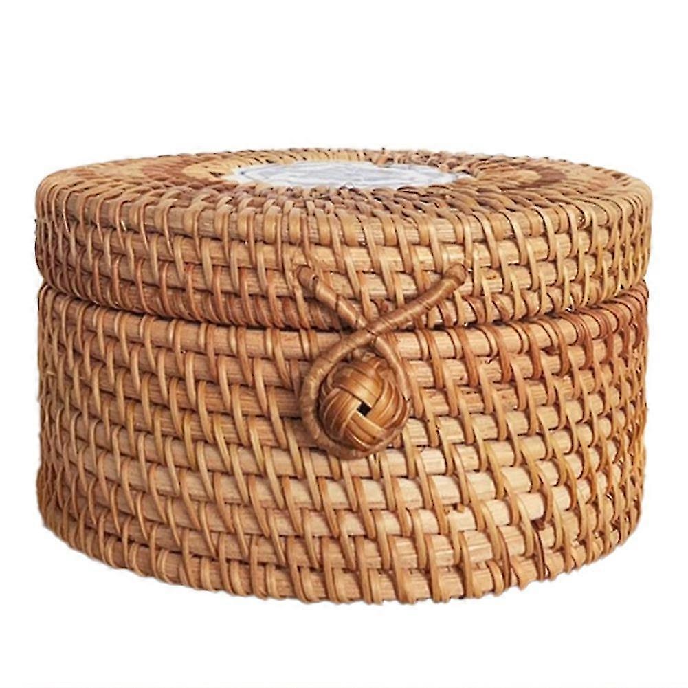 Handwoven Rattan Storage Box With Lid Wicker Tea Food Container Picnic Bread Fruit Cake Basket Kitc