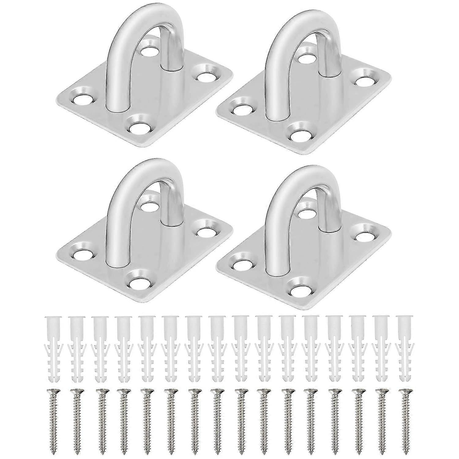 Square Hammock Hooks Stainless Steel Pad Eye Plate Hooks Ceiling Mounted For Hanging Hardware Ring Hooks (silver) (4pcs)