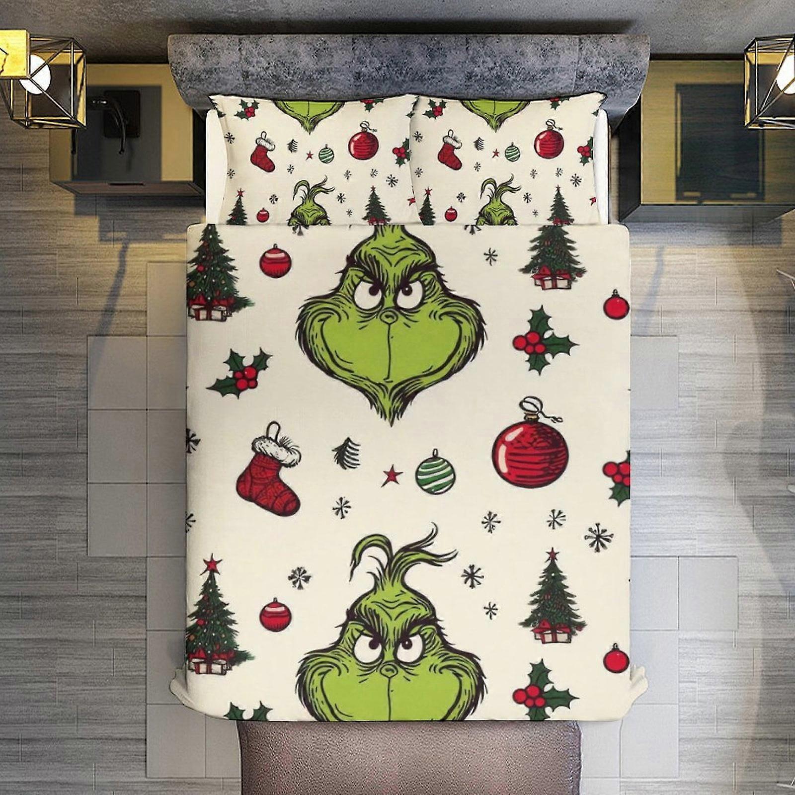 v3576 Lakens Beddengoed Kerstmis Grinch 1 3 stuks Dekbedovertrek Set Full Size Super Soft Fade Resistant Microfiber 1 Hoes met ritssluiting en 2 Pillowc