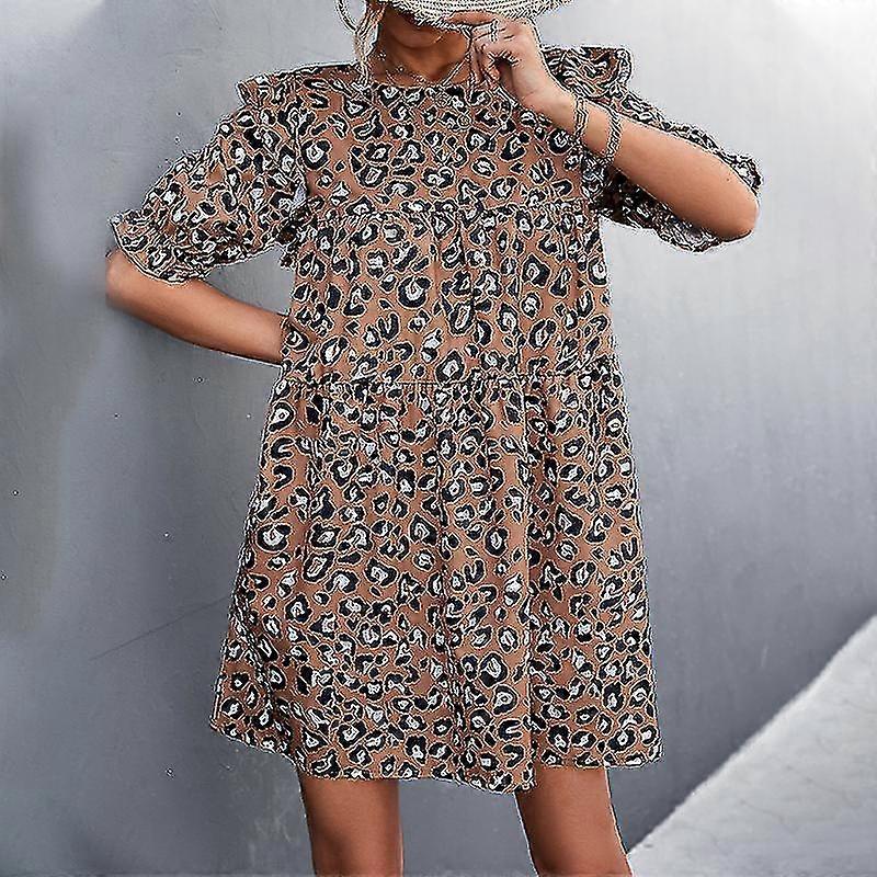 נשים פשוט נמר הדפס שמלה גבירותיי בוהו צווארון עגול צווארון קצר שרוול שמלות