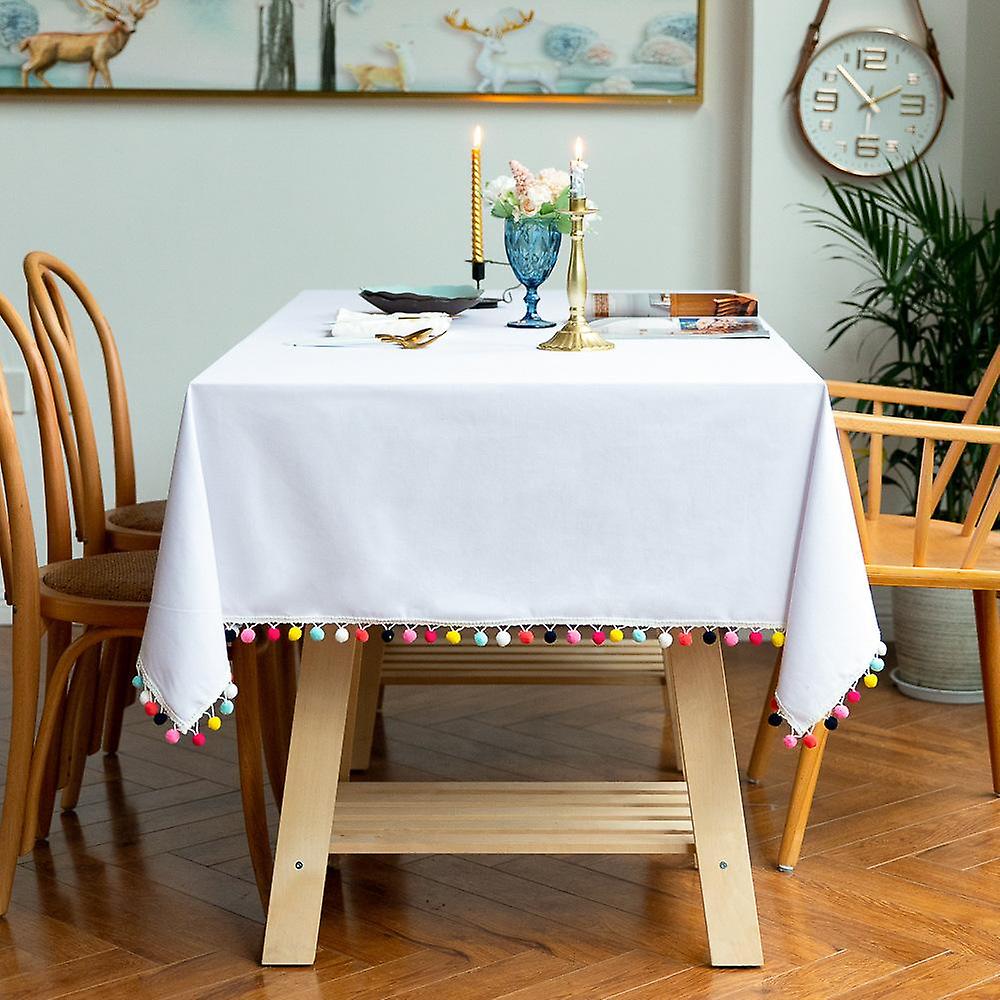Tablecloth White Tassel Colorful Ball Cotton Linen Tablecloth Party Decorative Cloth