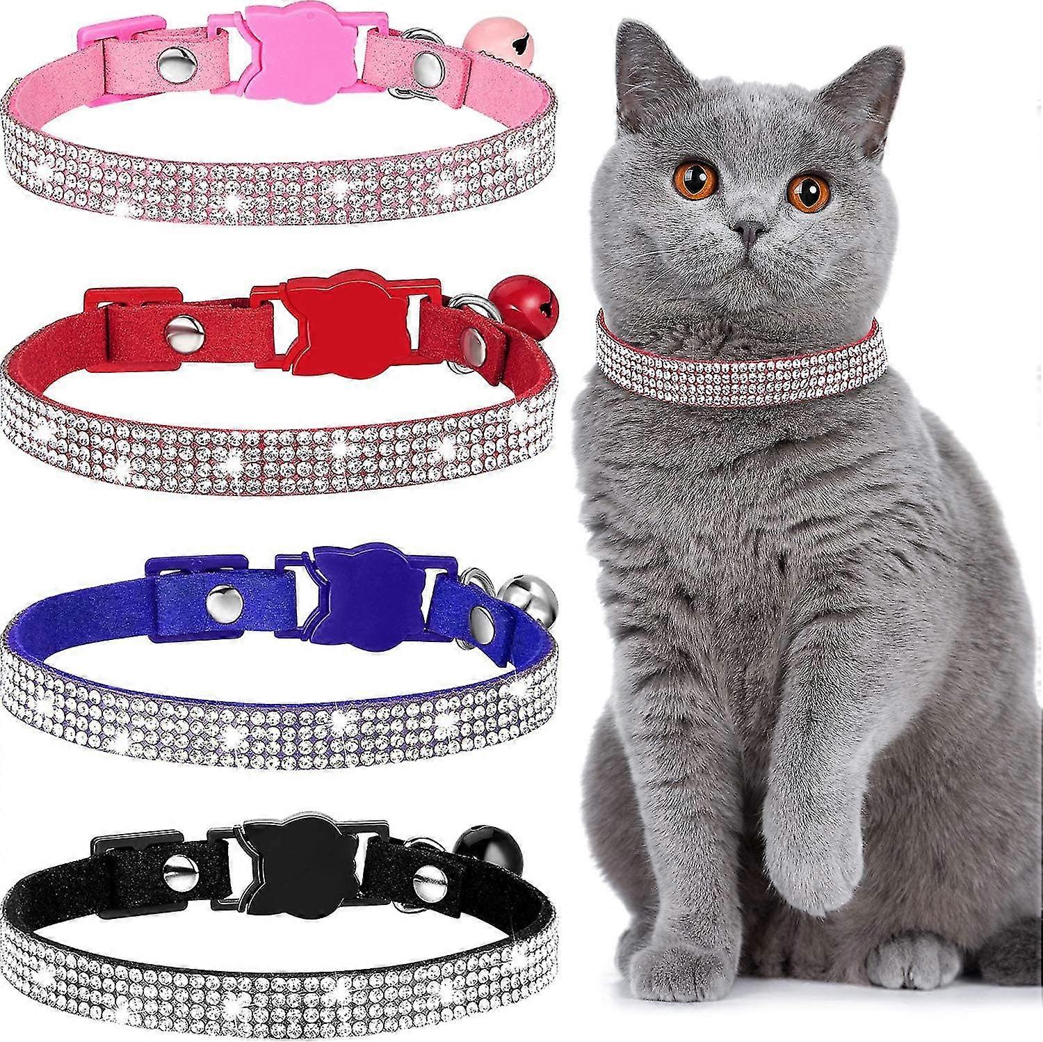 4 sztuki Rhinestones Cat Collars Breakaway Cat Collar With Bell Bling Pet Collars With Soft Velvet, 4 kolory