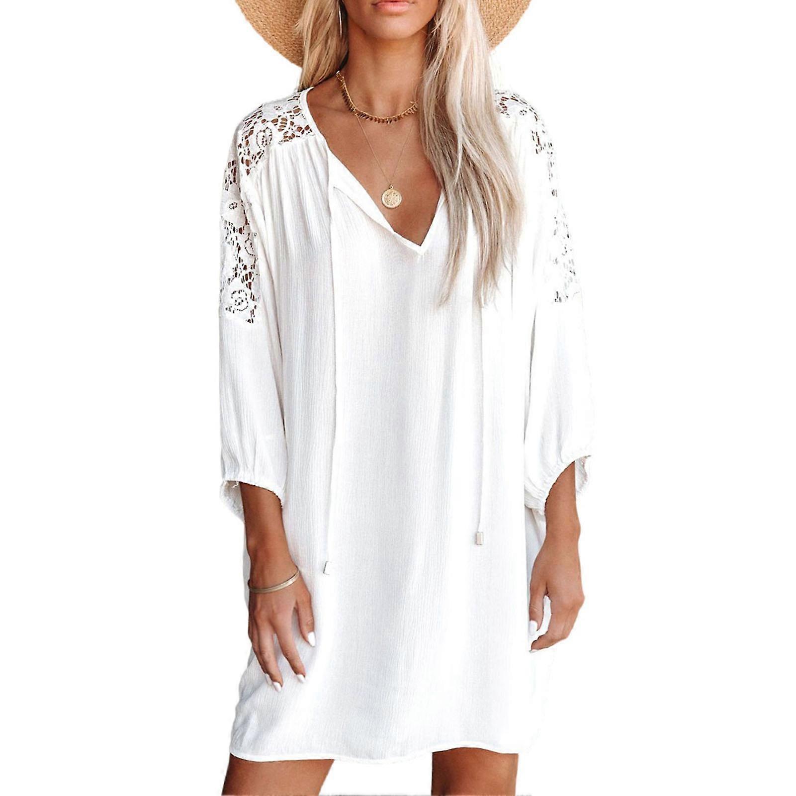 女性Vネックドレスレーススリークォータースリーブルーズウエスト夏カジュアルショートドレスホワイトXL