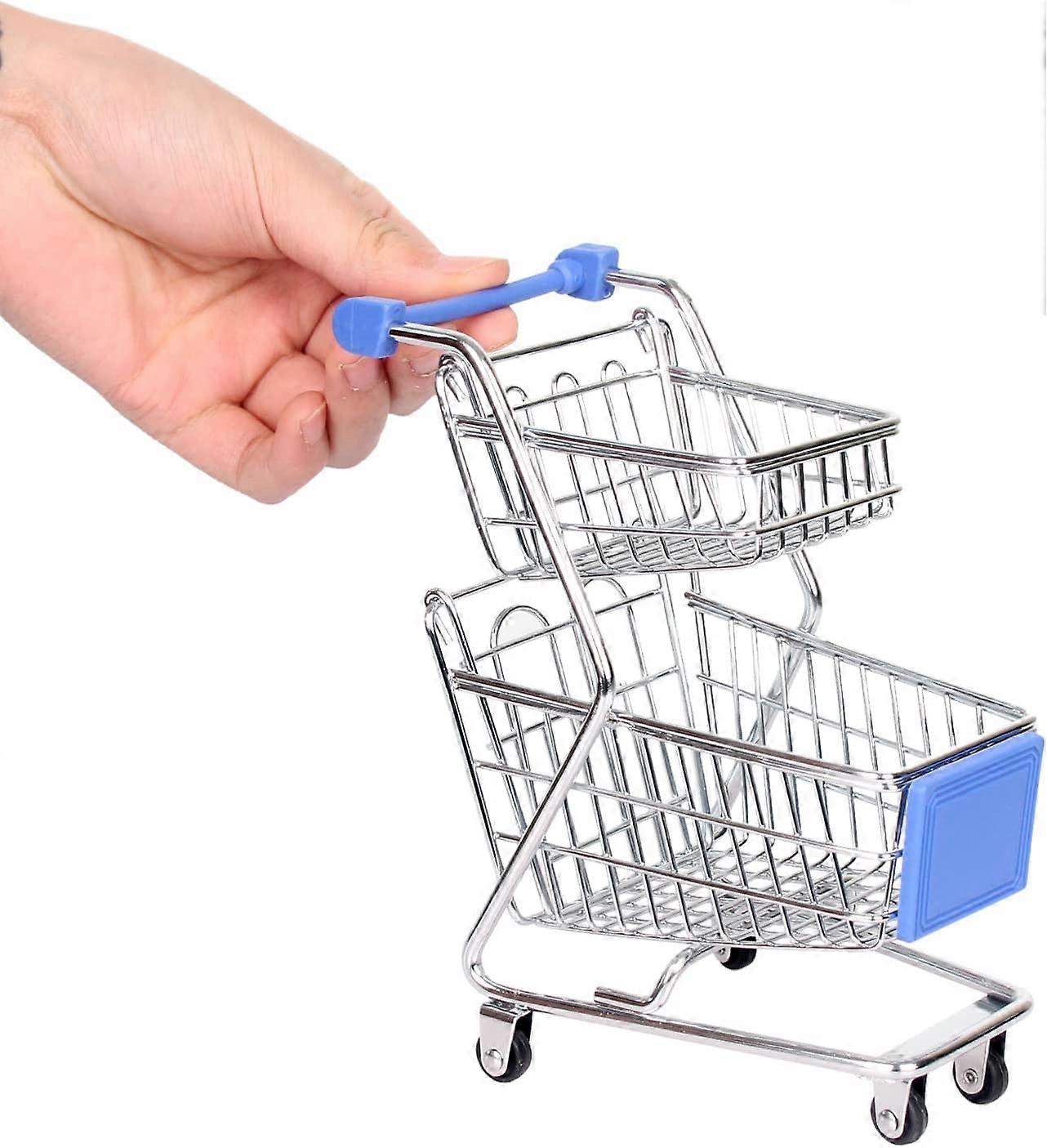 عربة تسوق صغيرة ، عربة تسوق صغيرة في السوبر ماركت ، لعبة عربة معدنية مزدوجة الطبقة ، زخرفة نموذج عربة التسوق لتخزين سطح المكتب (تسوق لعبة زرقاء