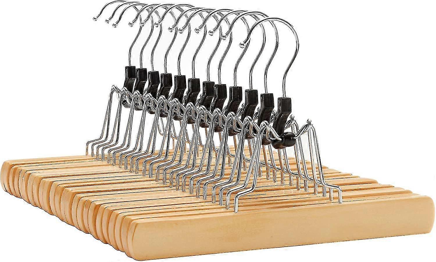 wooden Hangers-clamps, Set Of 10, For Trousers And Skirts, Anti-slip, And 360 Rotating Chrome Hooks, Wood Color PXCL
