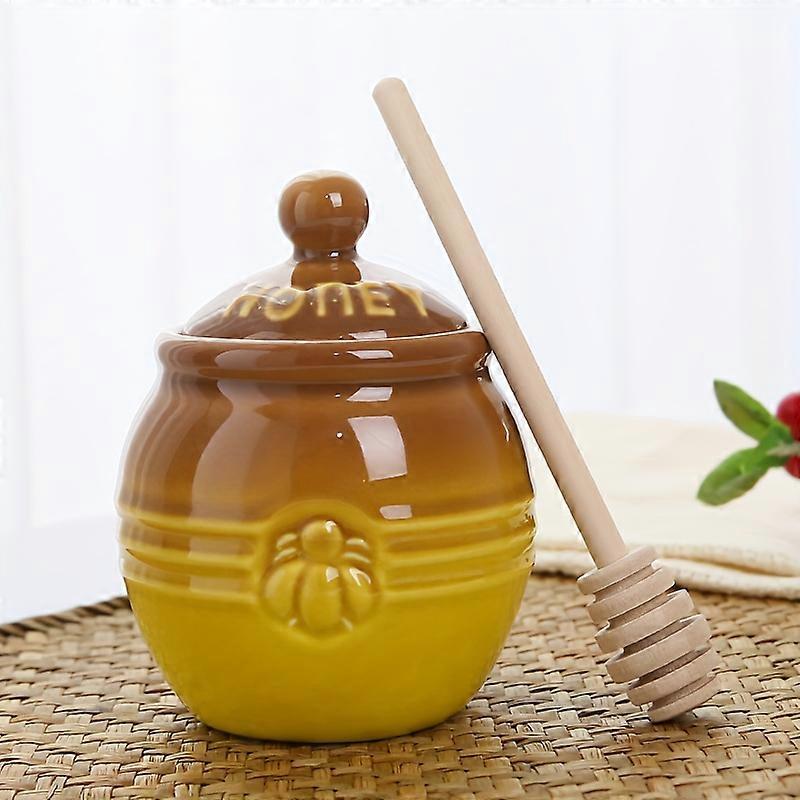 1pc Ceramic Honey Pot With Dipper And Lid, Honey Jar, Bee Embossed Honey Storage Container For Kitchen Decoration, Coffee/Tea Bar Decoration