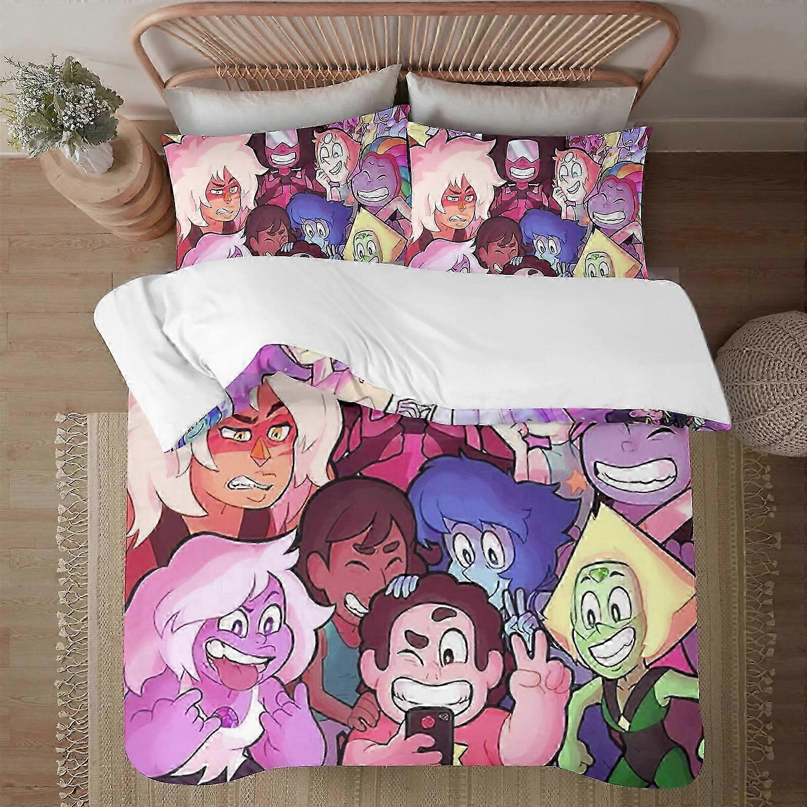 v2103 Prześcieradła STEVEN UNIVERSE Miękki drukowany w 3D zestaw pościeli na kołdrę z poszewką na kołdrę3-częściowy zestaw zawiera poszewki na poduszki i pokrowiec Mhine (1 Duve