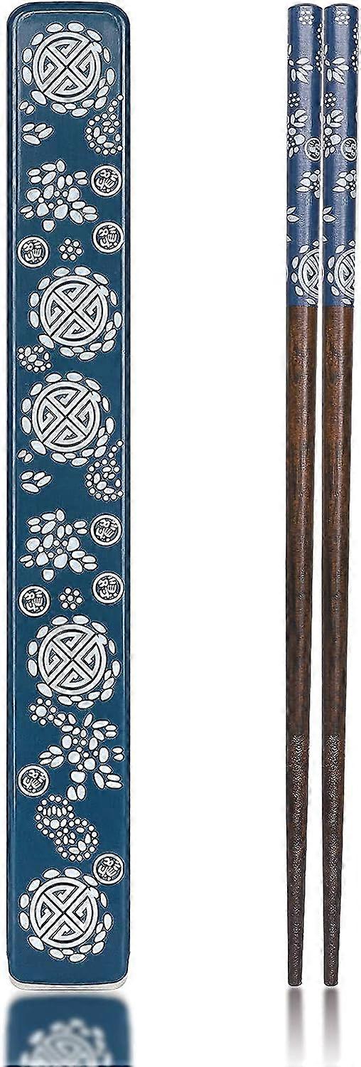 Reusable Japanese Natural Wood Chopsticks 1 Pair with Case, Portable and Dishwasher Safe (Blue)