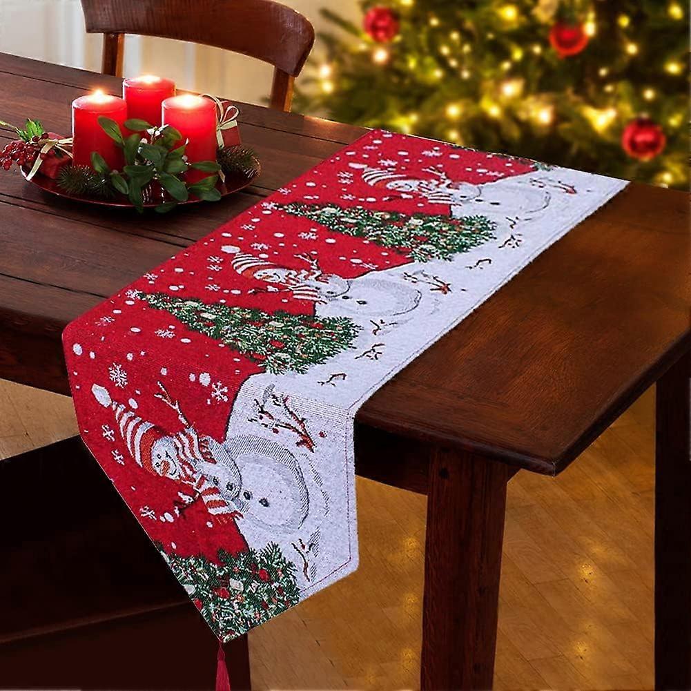 Christmas Table Runner, 180 x 34cm Red Christmas Tablecloth and Rectangle Table Runners with Snowman Tree Pattern, Long Christmas Table Runners Table