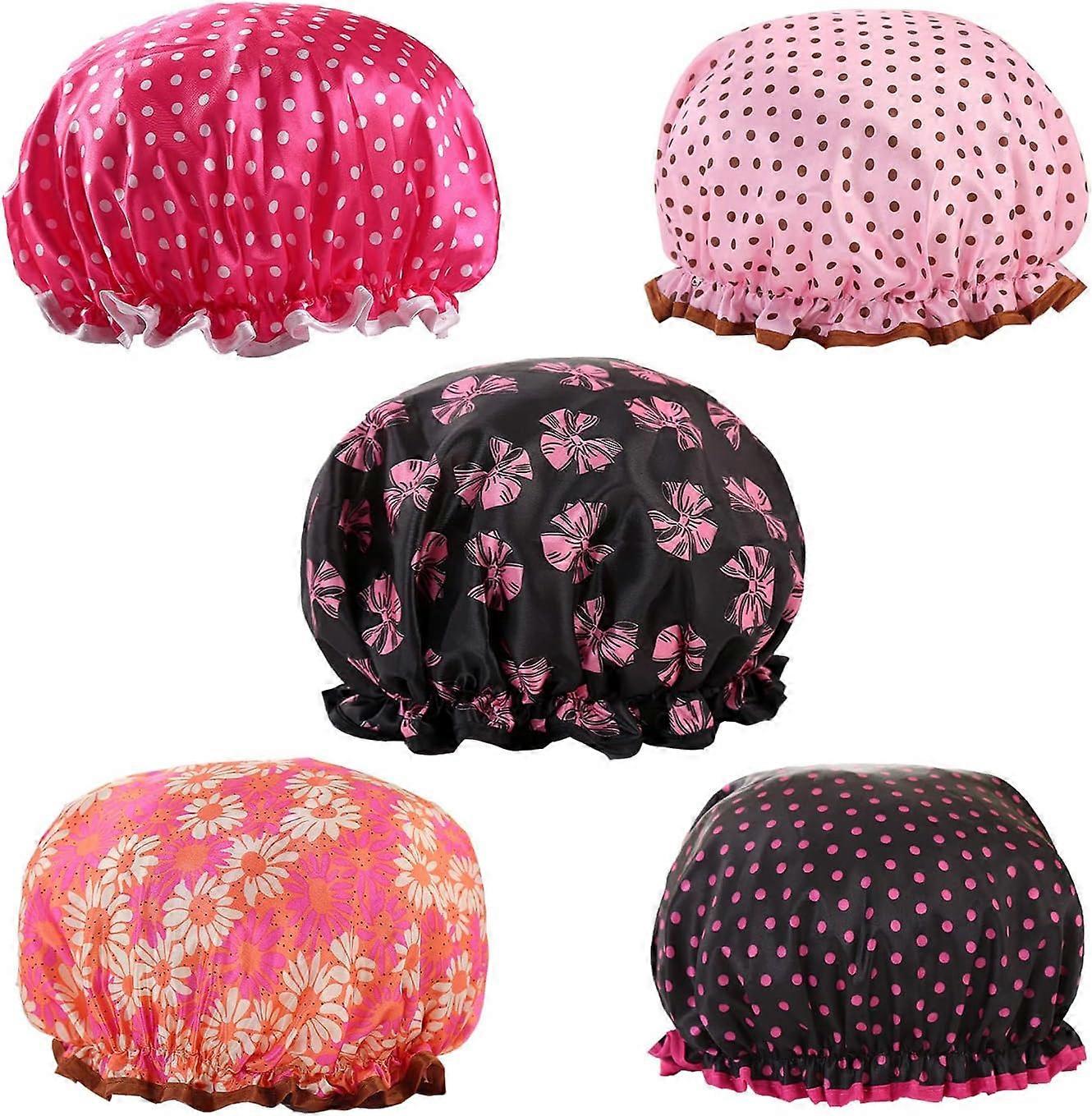 5 Pack Women's Double Layer Elastic Waterproof Shower Caps