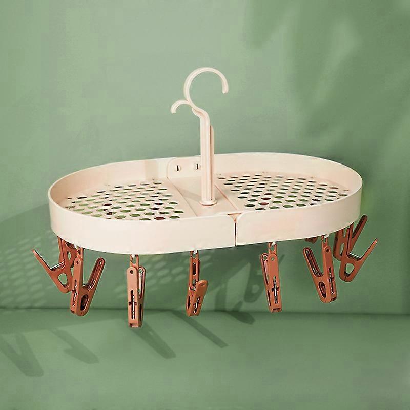 Foldable Sock Drying Rack with 14 Clips, Rotating Hook (Pink)