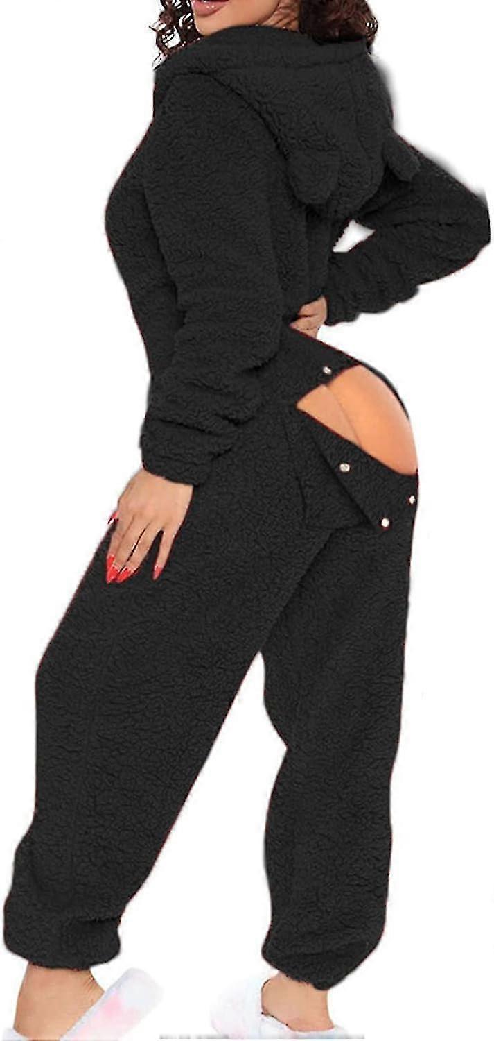 Sexy Adult Onesie Pajamas For Women Butt Flap Fleece Hooded One Piece  Pajamas Womens Fluffy Sleepwear,black Friday Tw