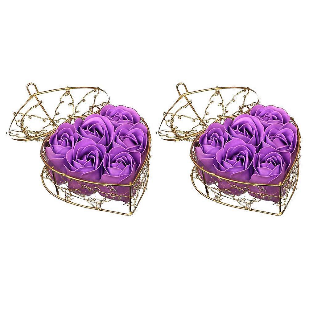2 Ensembles Simulation Rose Fleur Savon Rose Bouquet Ornement Fleur Parure Saint Valentin Cadeau pour Femmes Dames avec Panier De Fer (Violet)