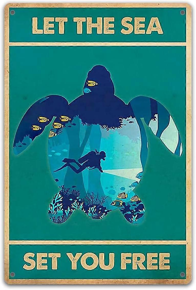 الغوص دع البحر يحررك ملصق ، علامات القصدير ديكور المنزل ، علامة معدنية عتيقة للمنزل رجل الكهف المرآب - 8x12 بوصة (20x30 سم)