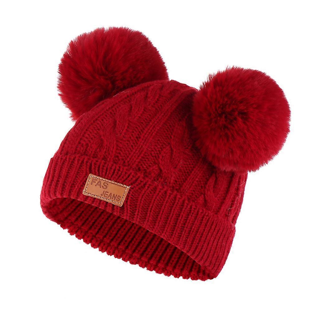Autumn and winter children's thickened woolen hat with double fur balls in the ears to keep warm and protect the ears knitted hat solid color hat