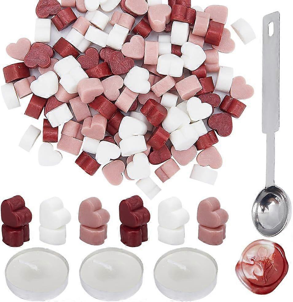 Wax Seal Beads Set Red Heart Mixed Color Wax Sealing Beads with 1Pc Stainless Steel Spoon and 3Pcs Candles for Retro Seal Stamp Christmas Cards Weddin